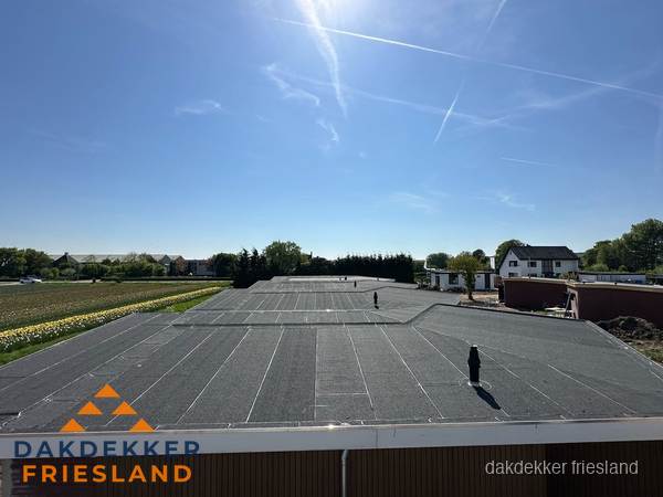 Groot plat dak met bitumen dakbedekking op bedrijfspand in Friesland