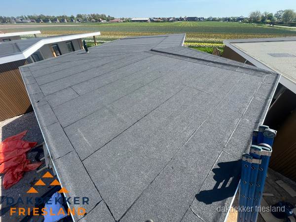 Nieuw bitumen plat dak met uitzicht over landschap in Friesland